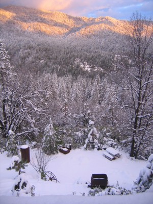 View of the picnic area in snow